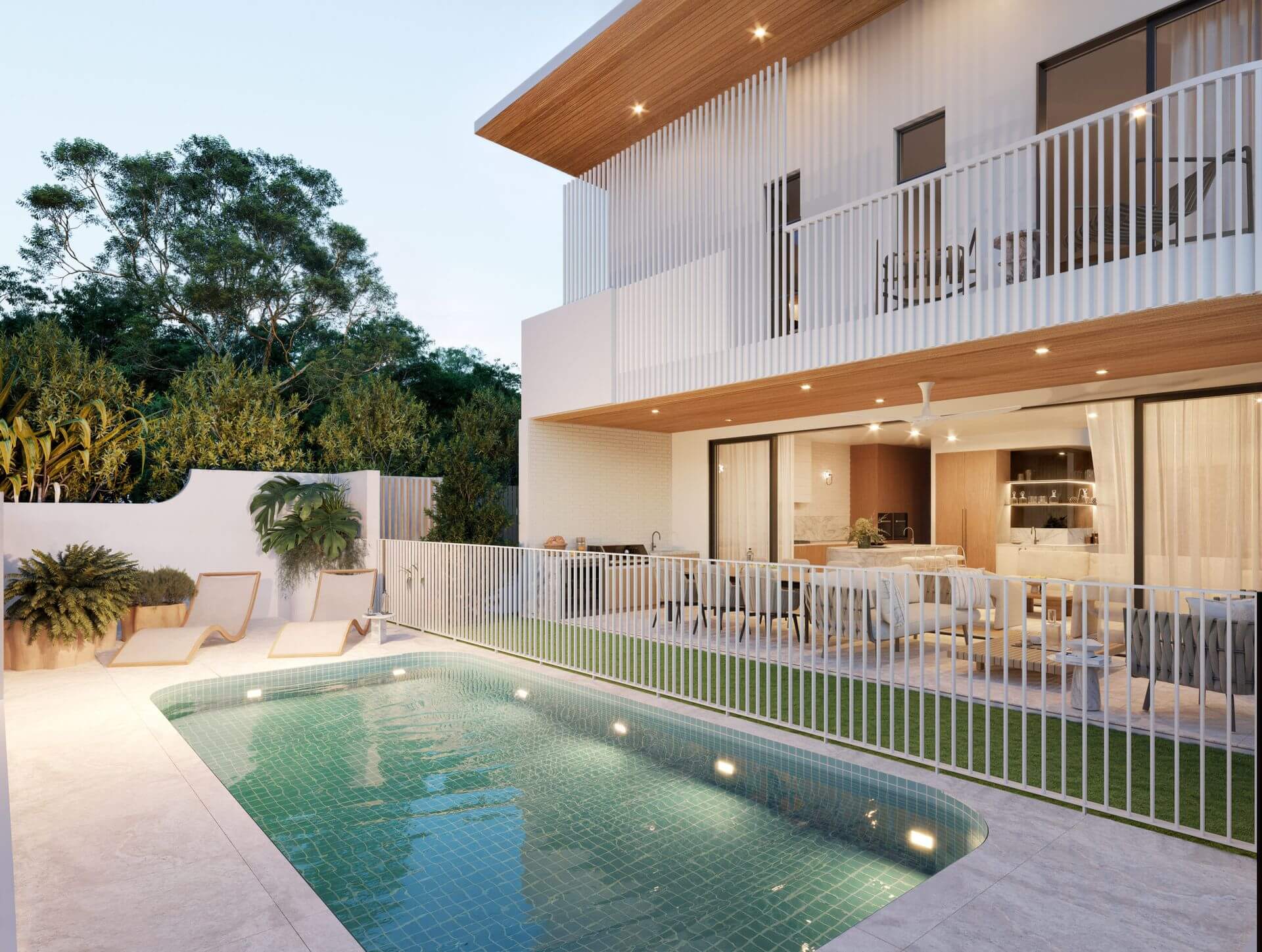 With a commanding street presence, the home emerges from the landscape, a striking gatehouse entry and a sparkling swimming pool.