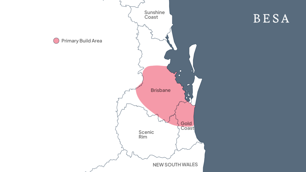 Map of BESA's primary build area, showing Brisbane and the Gold Coast where we work as a custom home builder