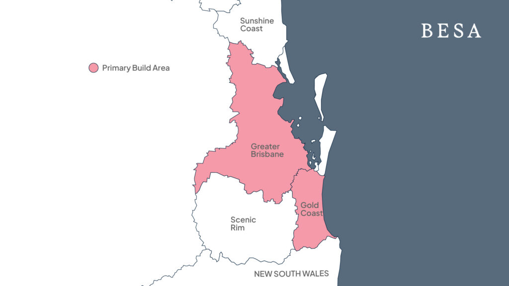 Map of BESA's primary build area, showing Brisbane and the Gold Coast where we work as a custom home builder