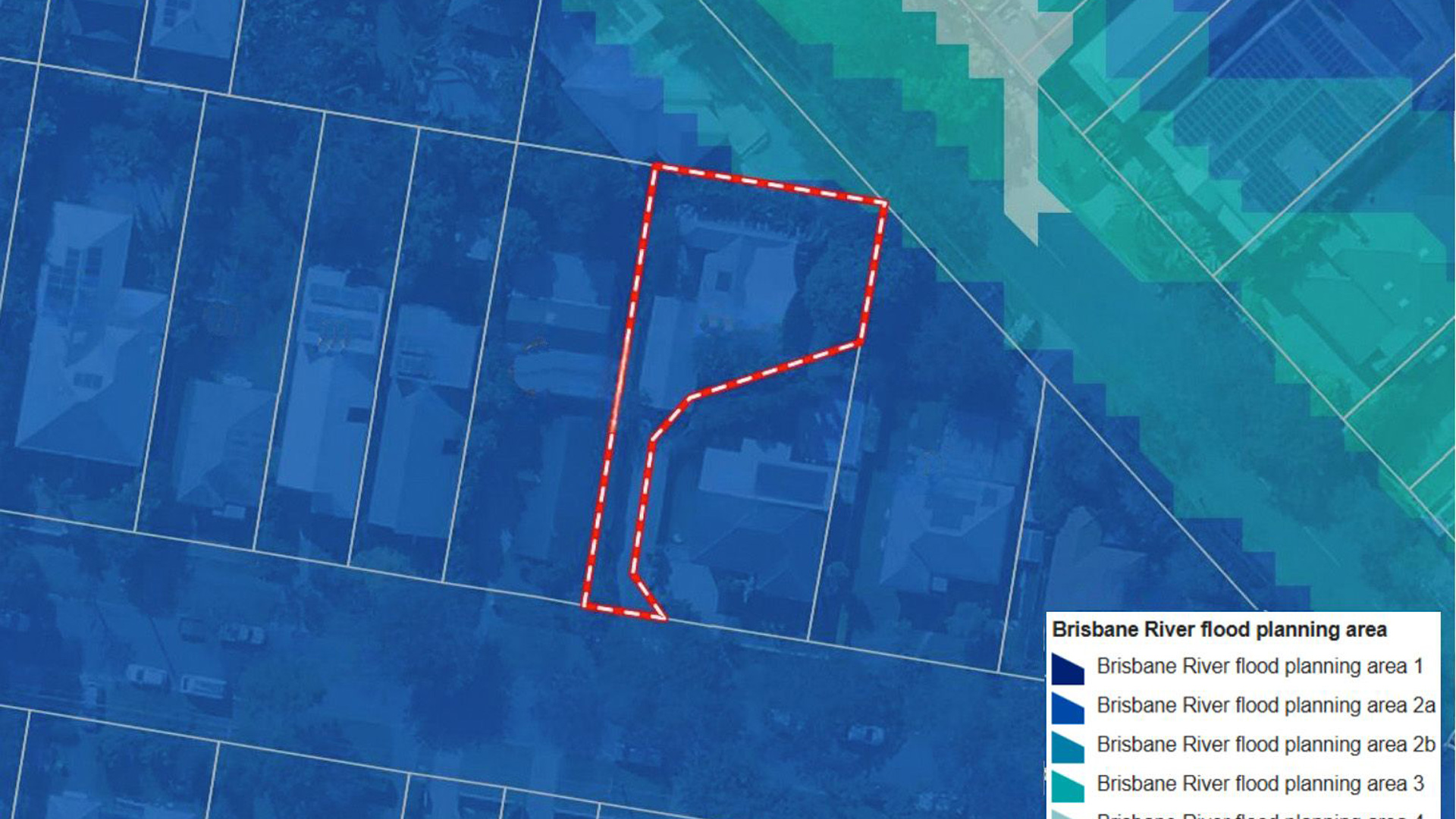 Flood overlay map showing a flood-prone residential block in Brisbane