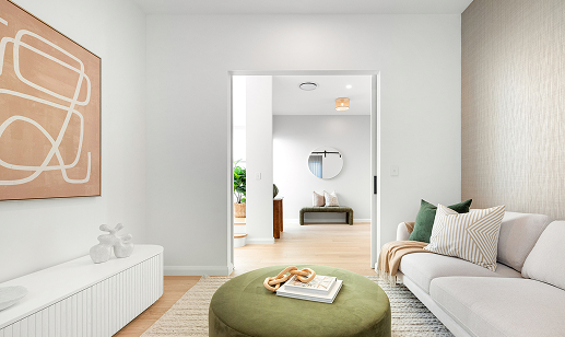Light-filled living room in a BESA knockdown rebuild home in Brisbane